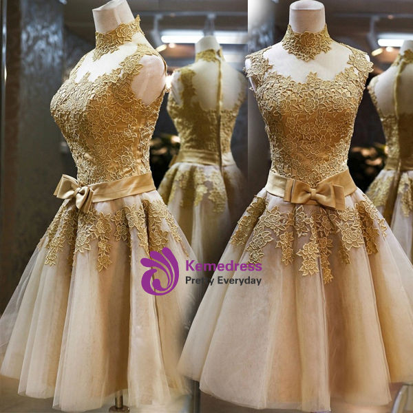 Elegant Gold Applique Homecoming Dresses High Neck Knee Length A Line