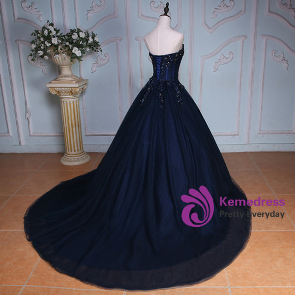 Navy Blue Sweetheart Beaded Applique Tulle Quinceañera Dress with Chapel Train
