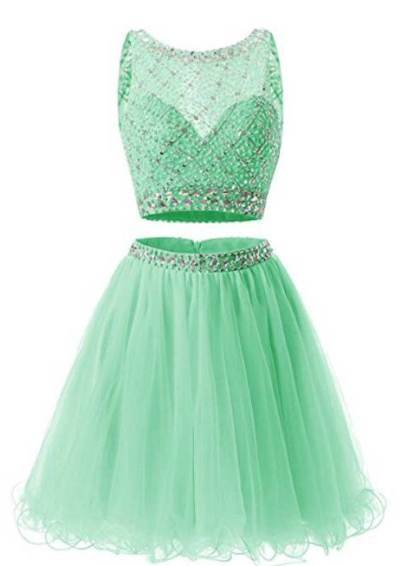 Green Short Tulle Two Piece Tulle Beading Homecoming Dress