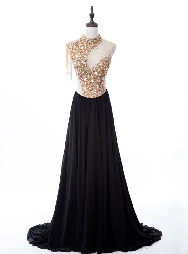 Cheap prom dresses 2017 Sexy A-line High Neck Sweep Train Chiffon