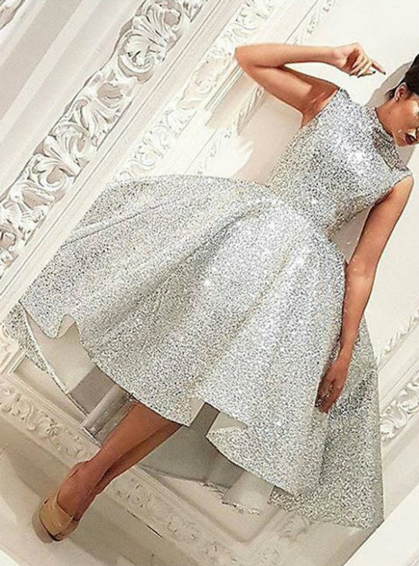 Sparkly Sliver Sequins Hi-Lo Ball Gown Prom Dresses High Neck Knee-Length Sleeveless