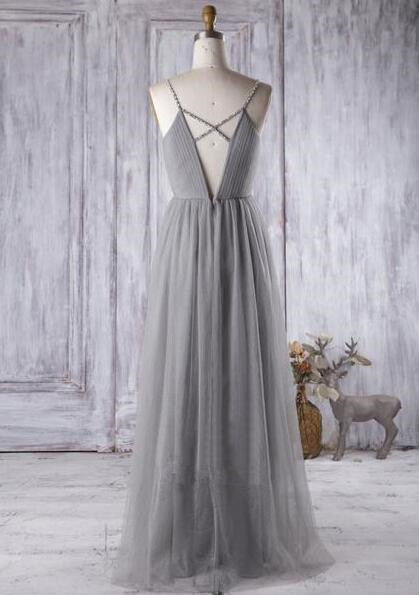 Simple Gray Tulle Bridesmaid Dress A Line V Neck Prom Dress