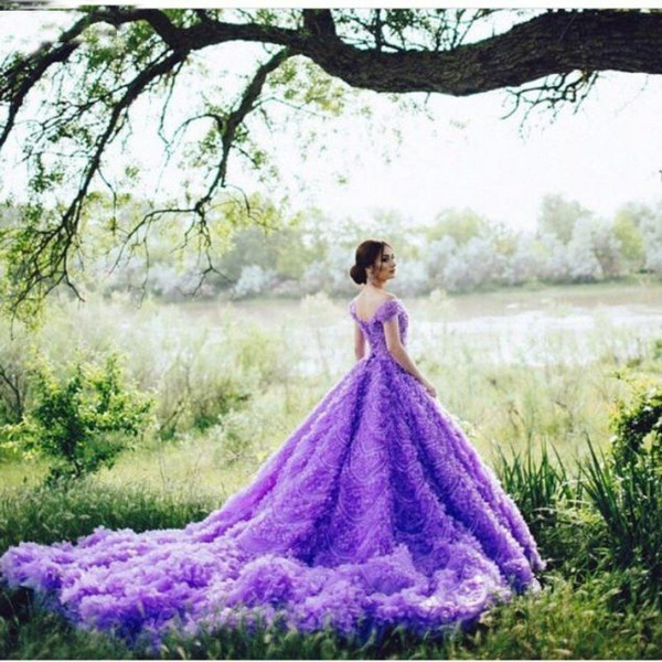 Real Gorgeous Purple Ball Gown Off The Shoulder Long Train Wedding Dress