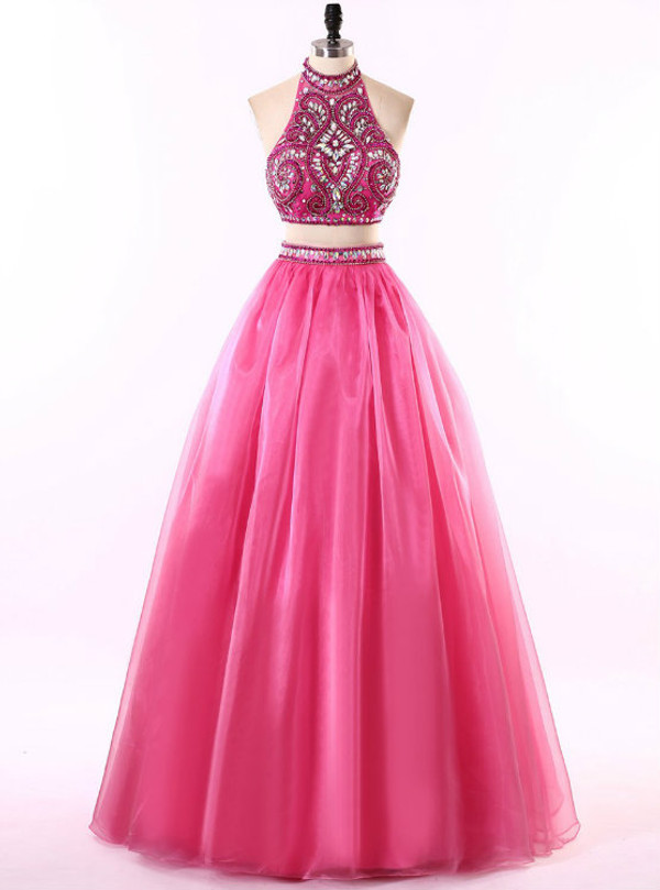 Two Piece Halter Neck Floor-length Chiffon Prom Gown