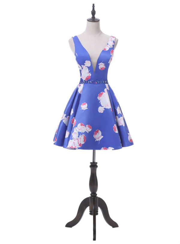 Brilliant Blue Print Homecoming Dress With Plunge V Neckline