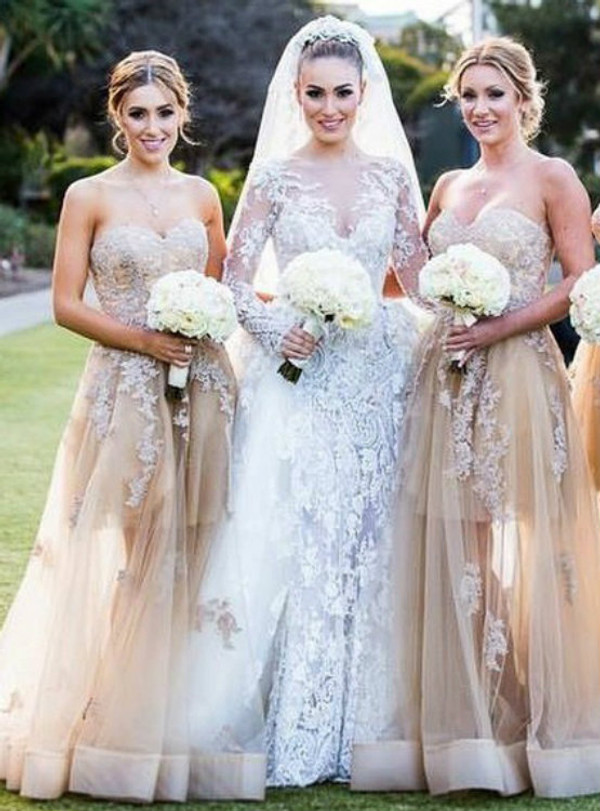 Champagne Sweetheart Bridesmaid Dress with Lace Appliques