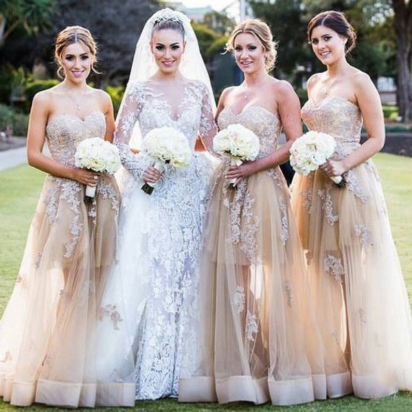 Champagne Sweetheart Bridesmaid Dress with Lace Appliques