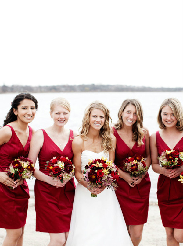 Modest V-neck Satin Bridesmaid Dresses with Soft Pleats Short Burgundy Bridesmaid Dresses