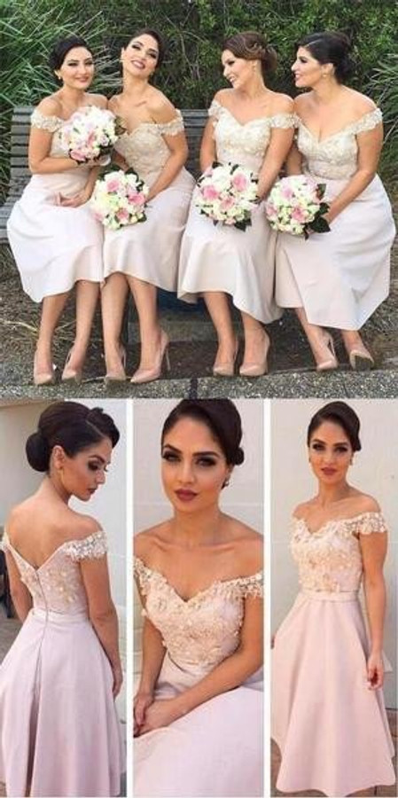 Off Shoulder Knee Length Appliques Cute Bridesmaid Dresses