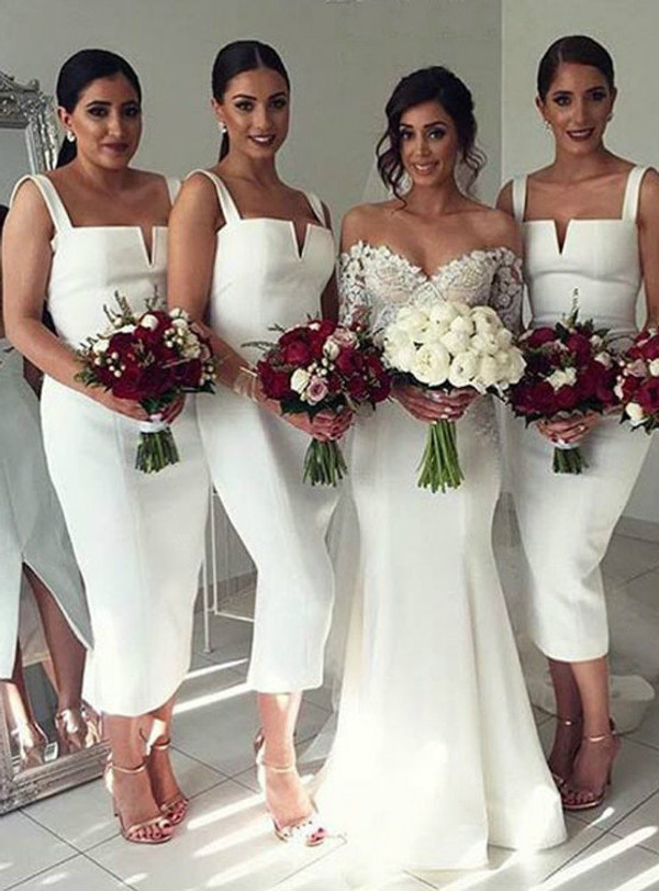 Simple Cheap Unique White Off Shoulder Straight V Neck Sexy Tea Length Bridesmaid Dresses