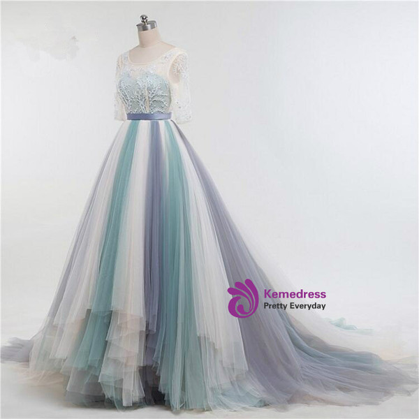 Floor Length Colorful Tulle Featuring Illusion Lace 3/4 Sleeve Wedding Gown