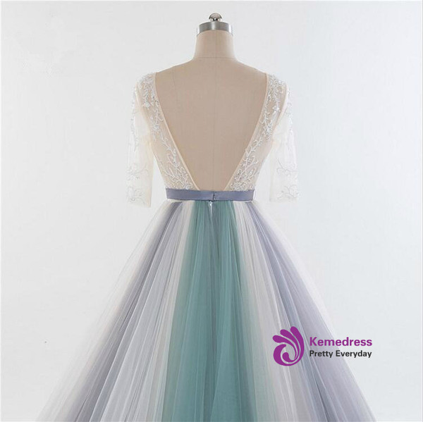 Floor Length Colorful Tulle Wedding Gown Featuring Sweetheart Illusion Lace