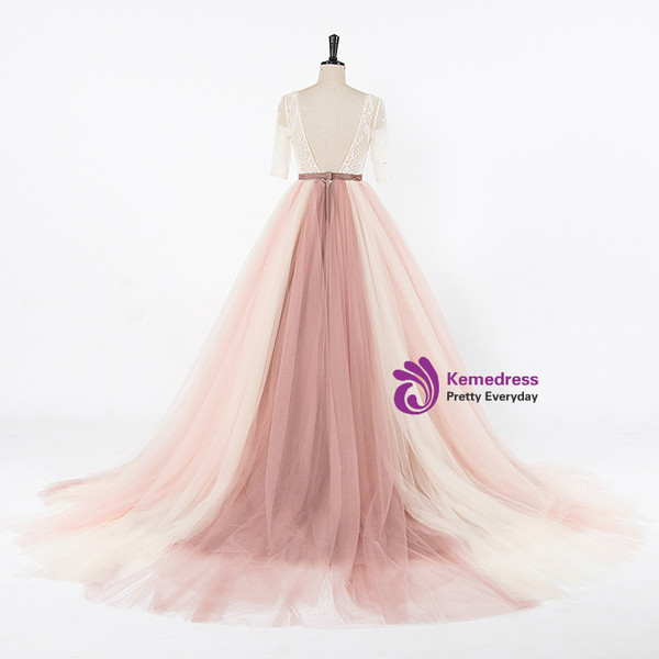 Floor Length Colorful Tulle Wedding Gown Featuring Sweetheart Illusion Lace