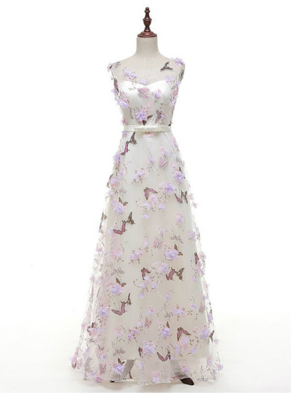 A-Line White Butterfly Print Backless Prom Dress With Bow