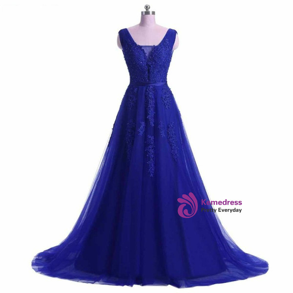 A-line Red Lace V-neck Backless Long Evening Dress 2017