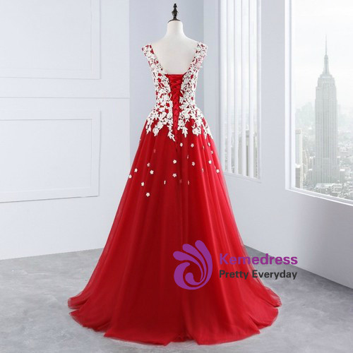 Sexy A-Line Red Tulle Appliques Long Prom Dresses