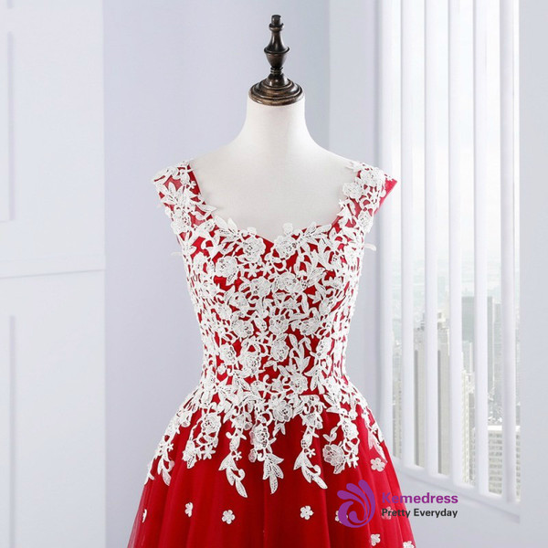 Sexy A-Line Red Tulle Appliques Long Prom Dresses