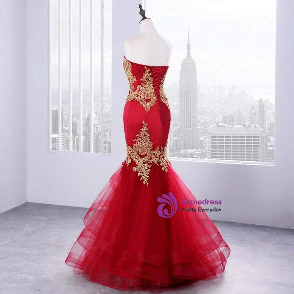 Red Mermaid Tulle Appliques Sweetheart Long Prom Dresses