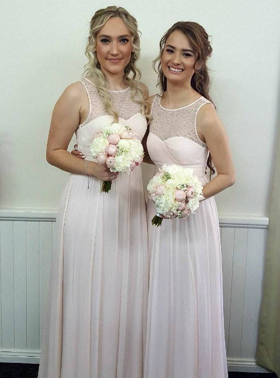 Crystal Beaded Scoop Sleeveless Chiffon Bridesmaid Dresses Floor Length