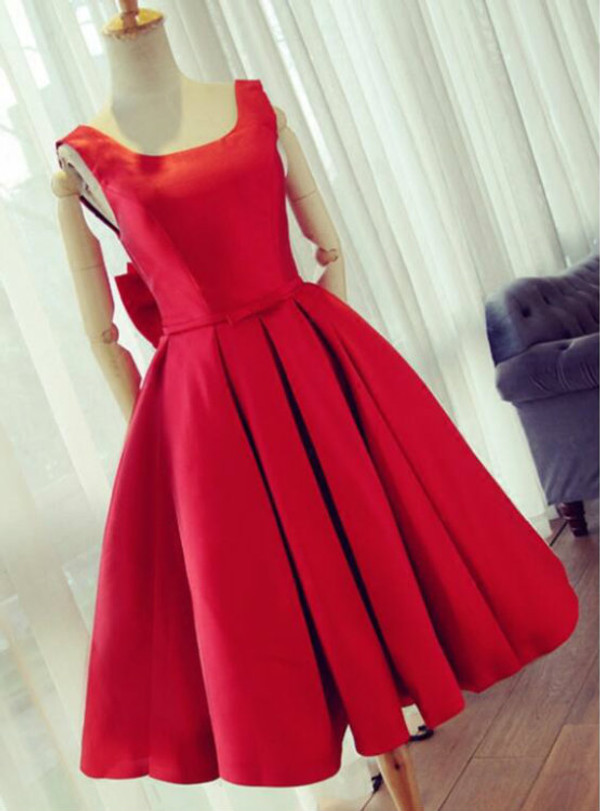 2017 Summer Fashion Party Dress Knee Length Red Prom Dress A line Satin Graduation Dresses