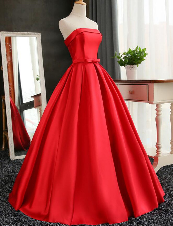 Red Ball Gown Long Satin Prom Dresses Red Prom Dresses  Red Party Gowns