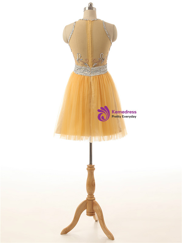 Short Yellow Tulle Prom Party Dresses A Line Homecoming Dresses Sequins Beading