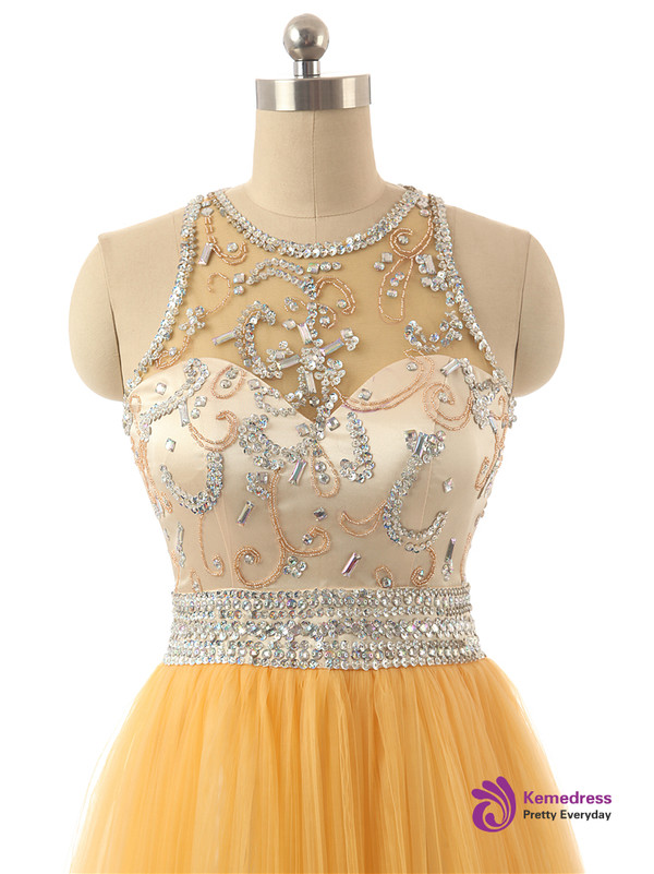 Short Yellow Tulle Prom Party Dresses A Line Homecoming Dresses Sequins Beading