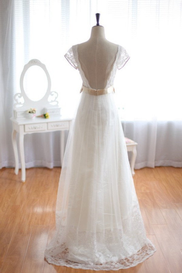 A-Line White Lace Deep V-neck Backless High Waist Wedding Dress
