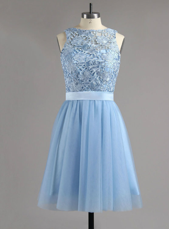 Light Blue Lace Appliques Homecoming Dress with Sash