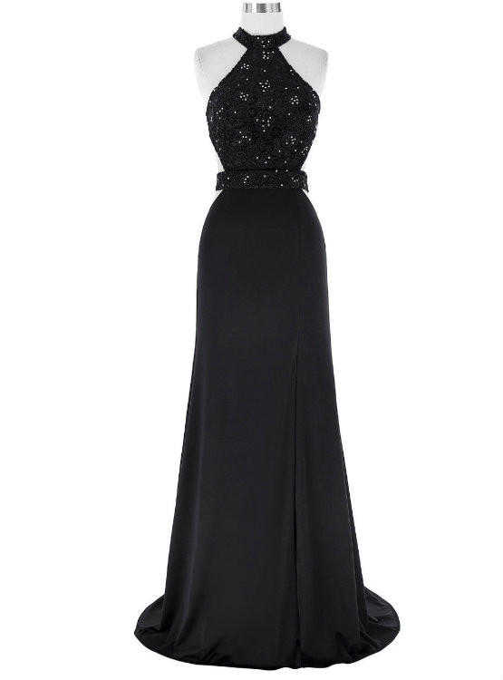 Black Floor Length Prom Dress Chiffon A-Line Evening Dress Featuring Lace Appliqués