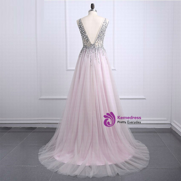 Sexy Prom Dresses 2017 Deep V Neck Backless Bead Crystal Party Gowns Sleeveless