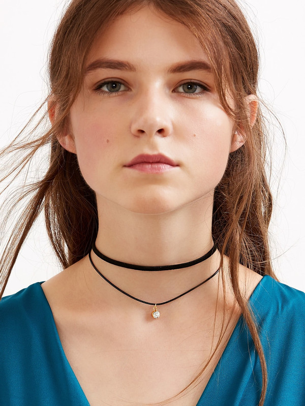 Black Faux Leather Crystal Choker Double Layered Necklace
