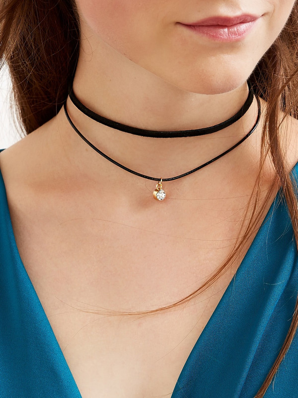 Black Faux Leather Crystal Choker Double Layered Necklace