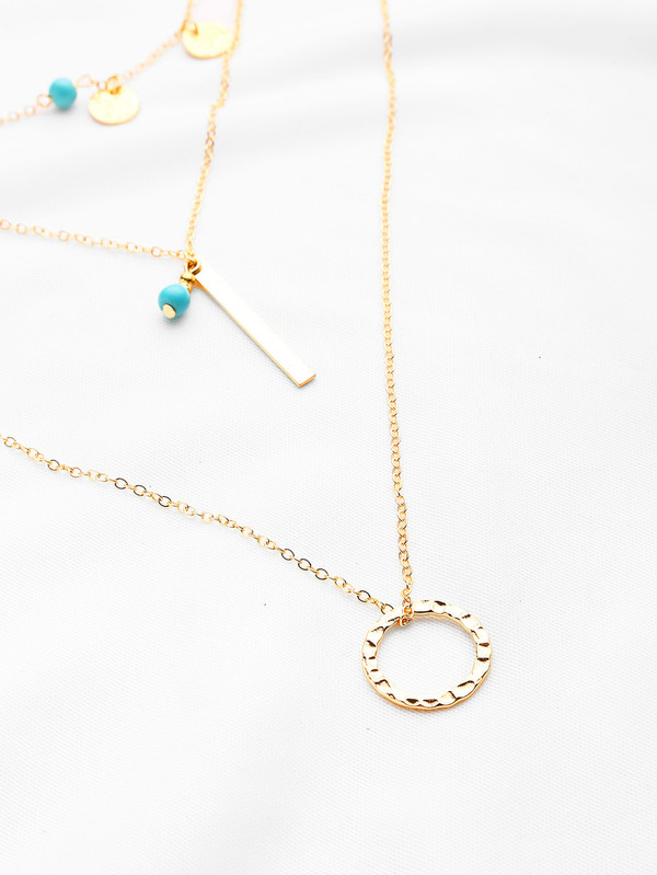 Bar And Ring Design Layered Necklace