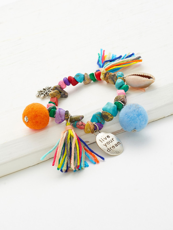 Pom Pom & Tassel Decorated Stone Bracelet