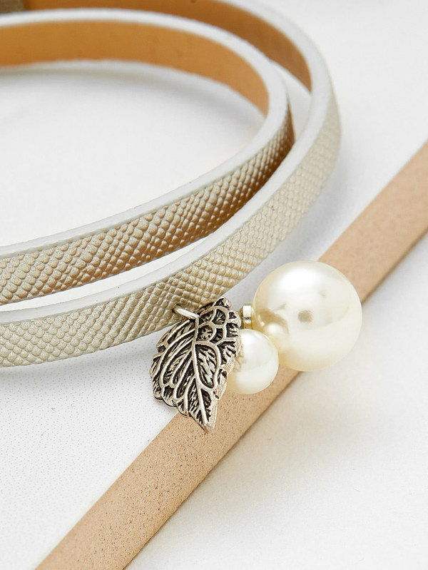 Faux Pearl Detail Double Layer PU Bracelet