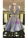 Blue Satin Crystal Beaded Skirt Two Piece Short Homecoming Dress