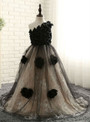 Fairy Tale 2017 Flower Girl Dresses Black Champagne Ball Gown One-Shoulder Sleeveless Flower Appliques
