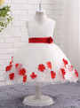 Fashion White Red Flower Girl Dress with Belt Floral V-neck Ball Gown