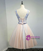 HOMECOMING DRESS PINK V NECK TULLE LACE APPLIQUES SHORT PROM DRESS