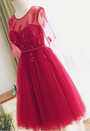 Red Lace Bridesmaid Dress Half Sleeves Lace Prom Dress Party Dress Tea length