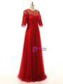 A line Half Sleeves Beaded Tulle Floor Length Red Mother Of The Bride Dresses