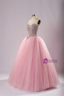 Pink A-Line Quinceañera Dress With Bejeweled Corset Crystal Sweetheart Prom Dresses