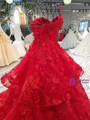 Princess Lace Flowers Luxury Generous Spaghetti Strap Red Wedding Dress