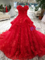 Princess Lace Flowers Luxury Generous Spaghetti Strap Red Wedding Dress