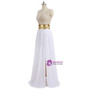 A-line V-neck Cap Sleeves Floor Length Chiffon Pearls Slit Prom Gown