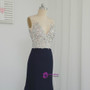 Popular 2017 Sheath Deep V-neck Beaded Crystals Slit Navy Blue Long Prom Dresses