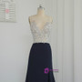 Popular 2017 Sheath Deep V-neck Beaded Crystals Slit Navy Blue Long Prom Dresses