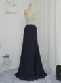 Popular 2017 Sheath Deep V-neck Beaded Crystals Slit Navy Blue Long Prom Dresses