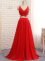 2017 Prom Dresses A-line V-neck Floor Length Chiffon Bead Two Pieces Prom Gown
